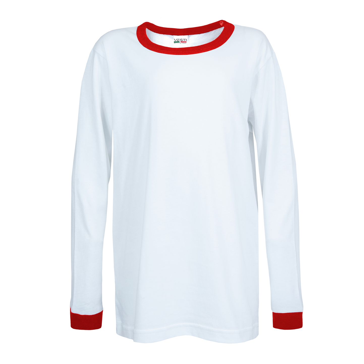 Weiches T-Shirt für Kinder, Größe G/CM/L, 100 % Baumwolle, 140 g/m², Weiß/Weiß, XS - 99RO - Weiß/Rot XS