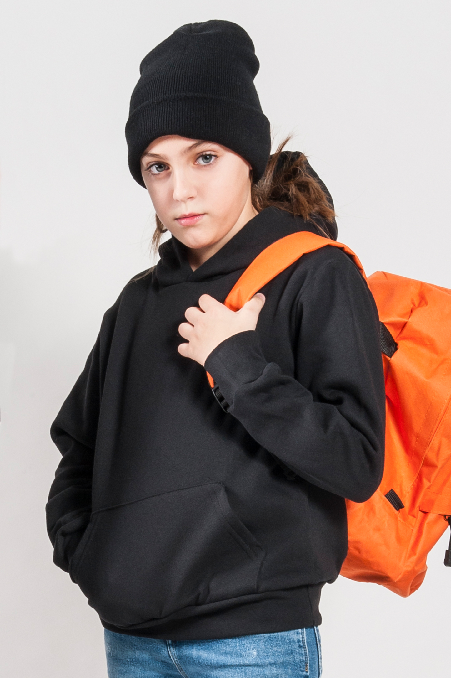 Kinder-Sweatshirt mit Kapuze, 70 % Baumwolle, 30 % Polyester, 280 g/m², Schwarz, Größe XXS (1–2 Jahre)