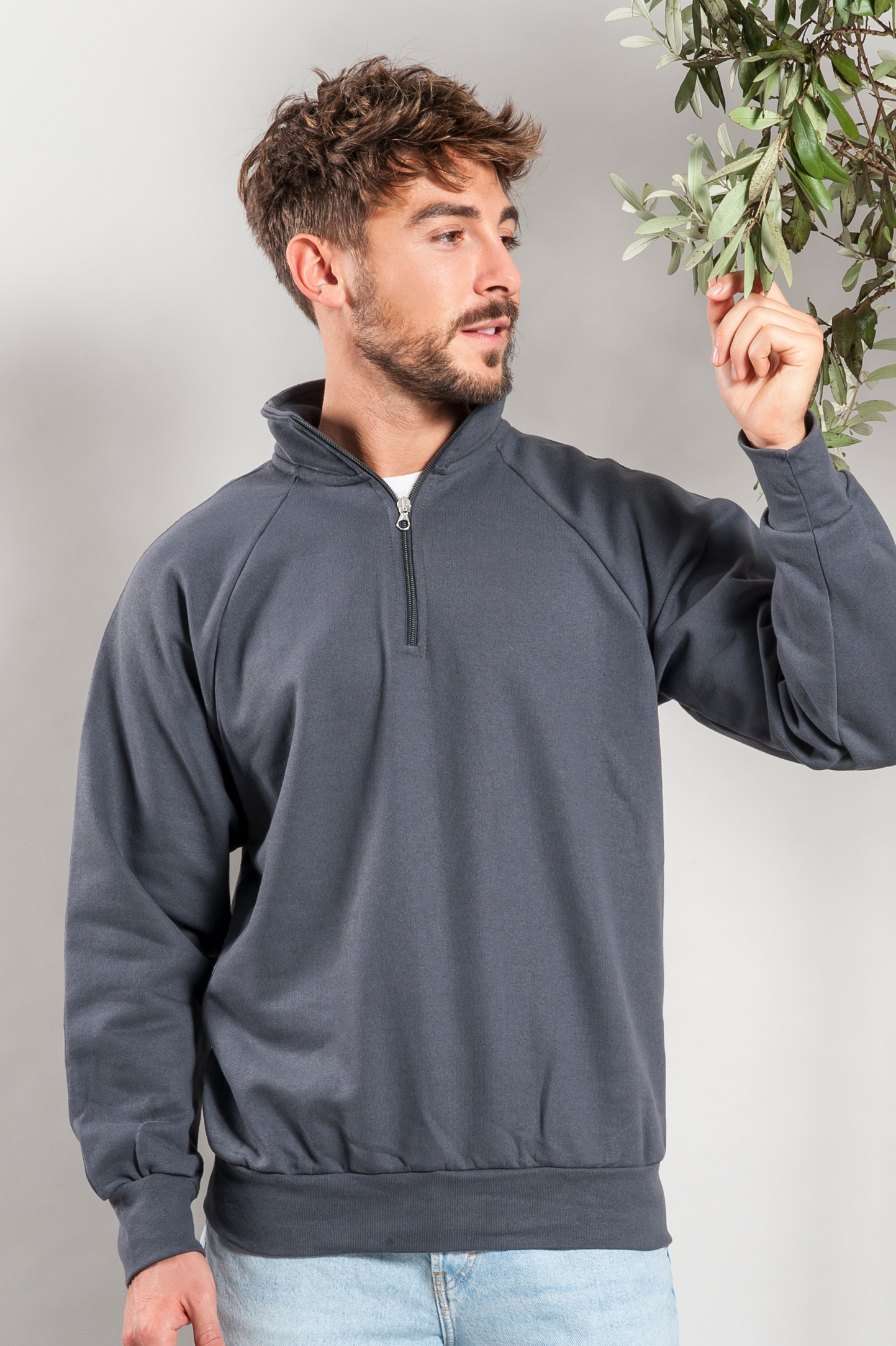 ECO Sweatshirt mit Reißverschluss am Hals, 50 % Baumwolle/50 % Polyester, 280 g/m², Schwarz, Größe XS