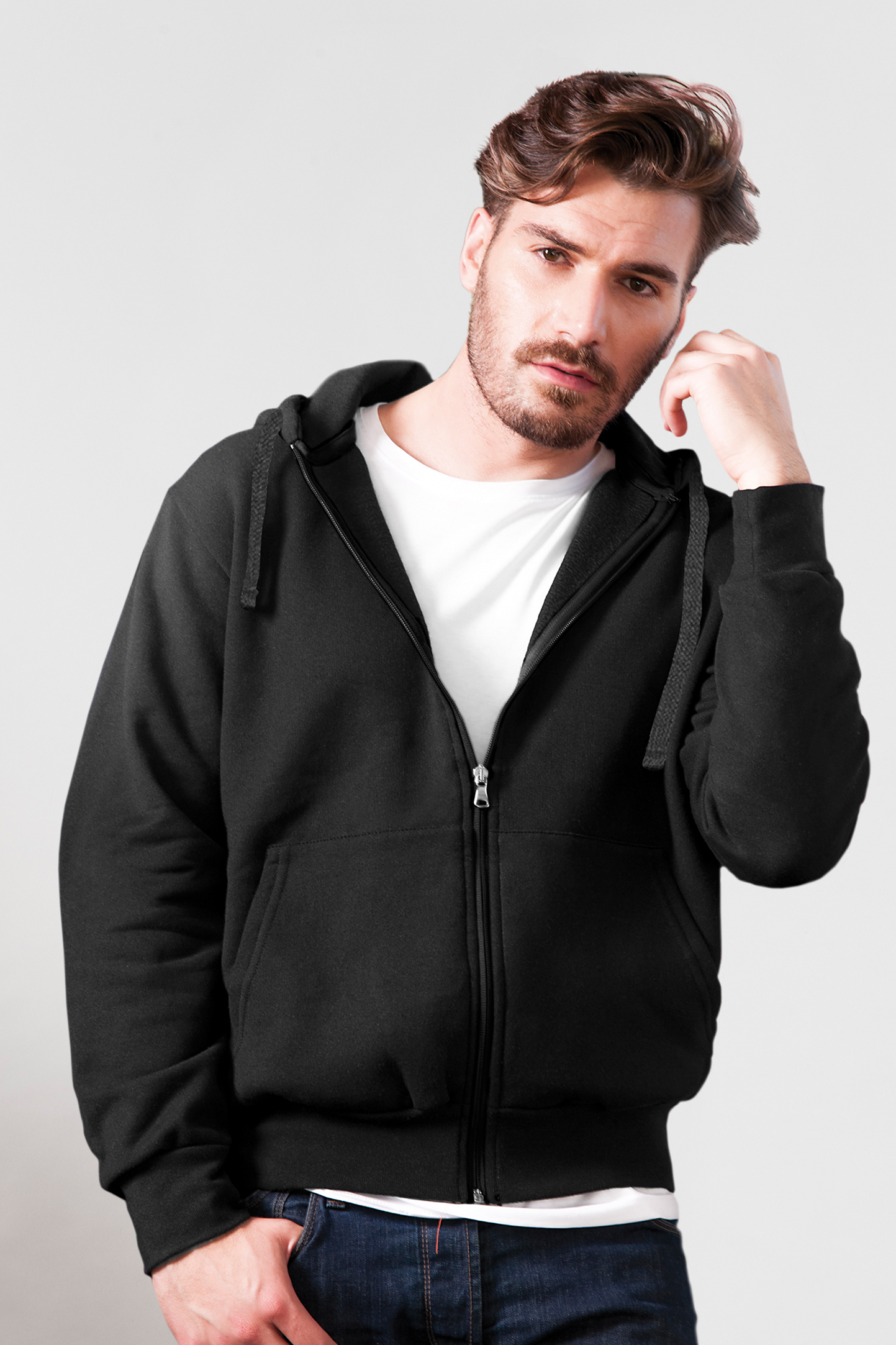 Kapuzenpullover mit Reißverschluss, 70 % Baumwolle, 30 % Polyester, 280 g/m², Schwarz, Größe XS