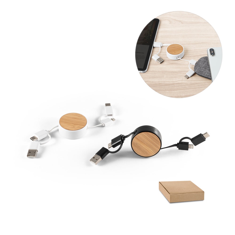 RUBINS. 6-in-1-USB-Kabel mit Einzugsmechanismus aus recyceltem ABS (100 % rABS) und Bambus.