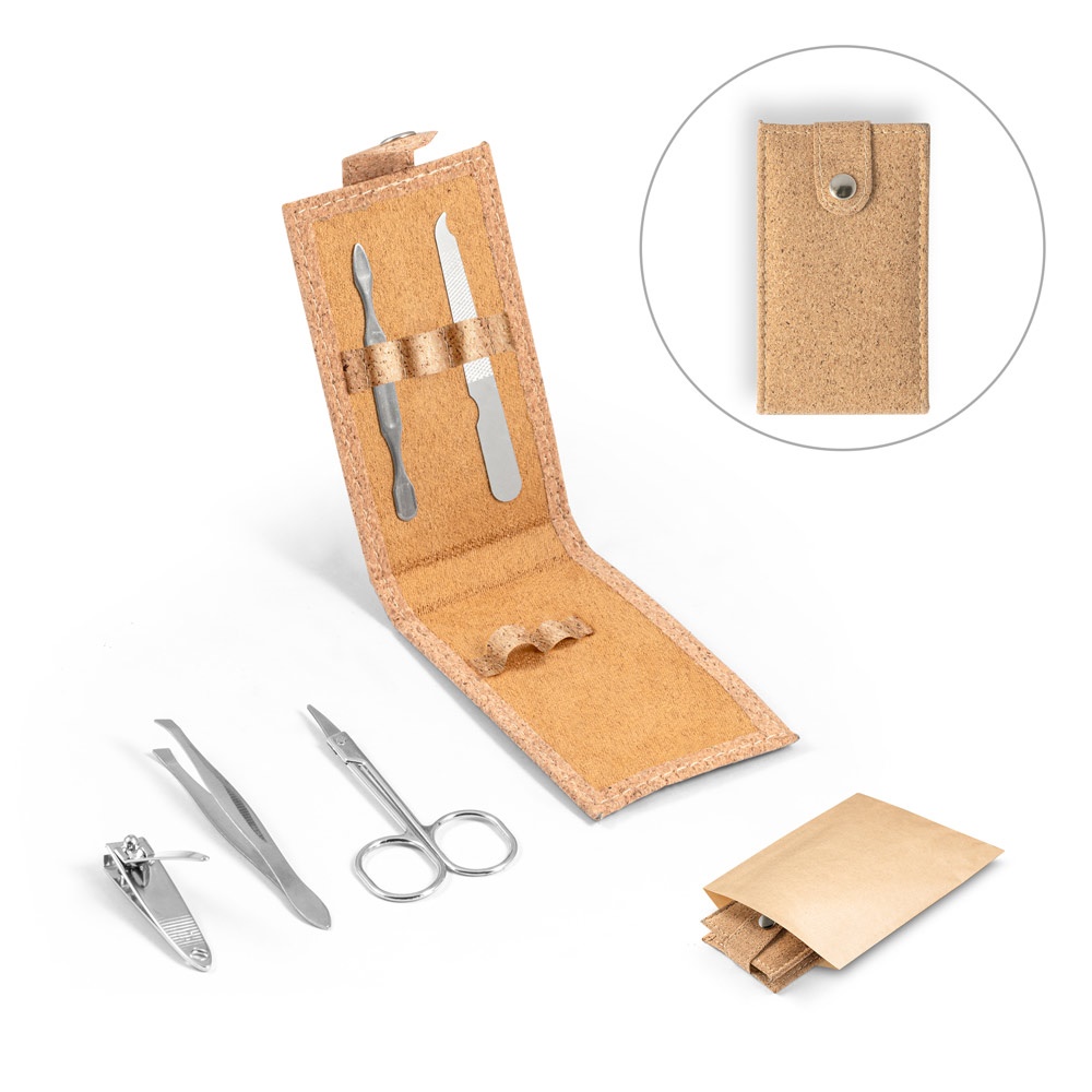 ZENA. Kork-Maniküre-Set mit Edelstahl-Accessoires.