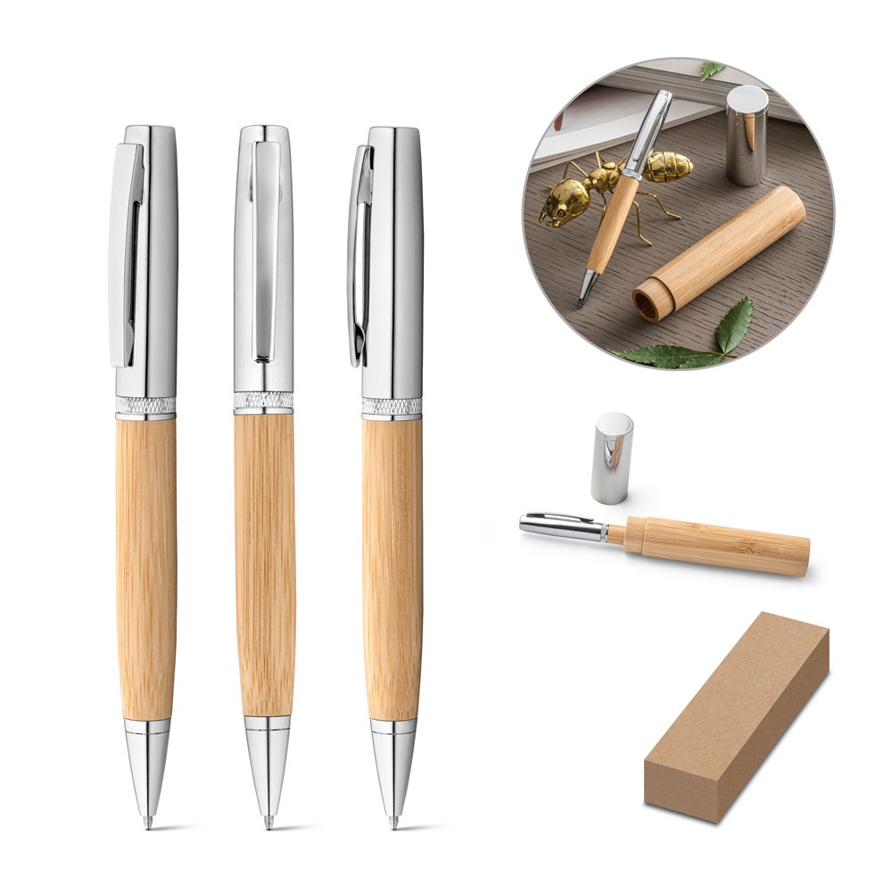 FUJI. Kugelschreiber aus Metall und Bambus mit Etui.