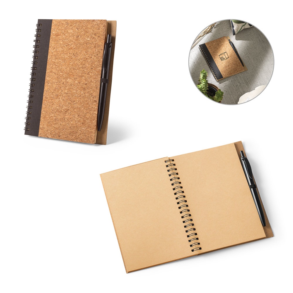 VICENTE. B6 Notizblock mit Kugelschreiber aus Kork und recyceltem Polyester (100% rPET).