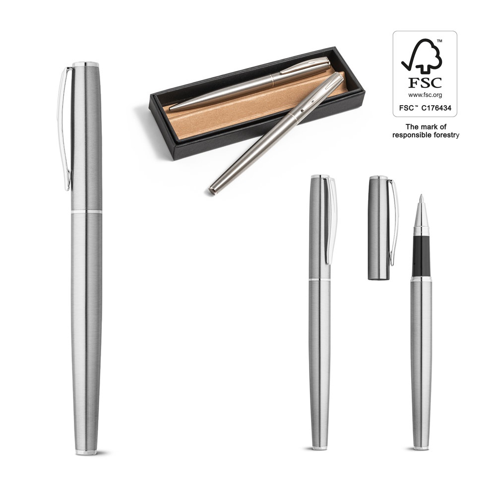 ELLA. Set aus Rollerball- und Kugelschreiber mit Korpus aus Edelstahl (53% rSS) und Clip.