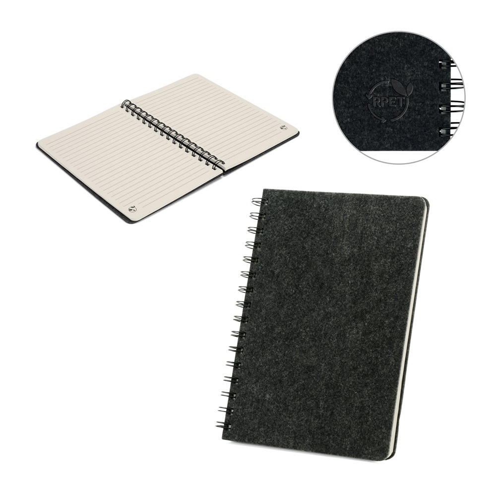 MISHIMA. A5 Notizbuch mit halbstarrem Einband aus recyceltem Filz (100% rPET), mit Spiralbindung und linierten Seiten.