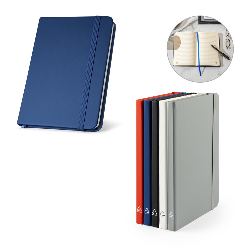 CAMPUS. A5-Notizbuch mit festem Einband aus PU (35 % recycelt) und linierten Seiten aus 100 % recyceltem Material.