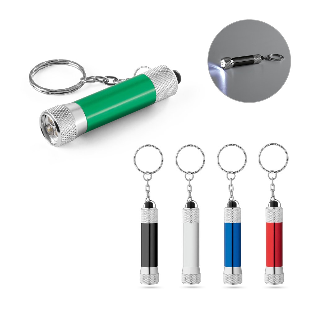 RE-LERGAN. Schlüsselanhänger aus Aluminium (92 % recycelt) mit 3-flammiger LED-Taschenlampe.