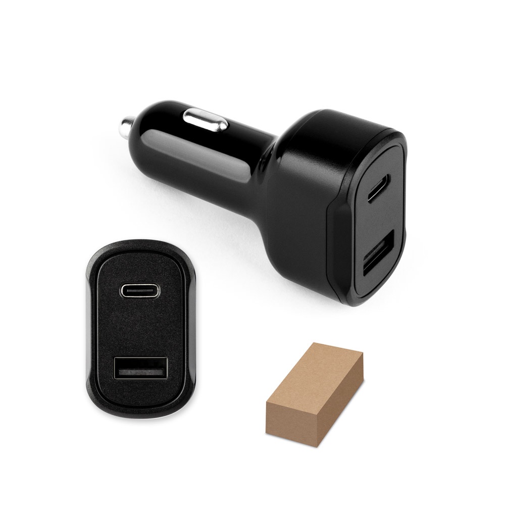 DIRAC. Zigarettenanzünderadapter mit 18-W-USB-A- und 20-W-USB-C-Anschlüssen aus recyceltem ABS (100 % rABS).