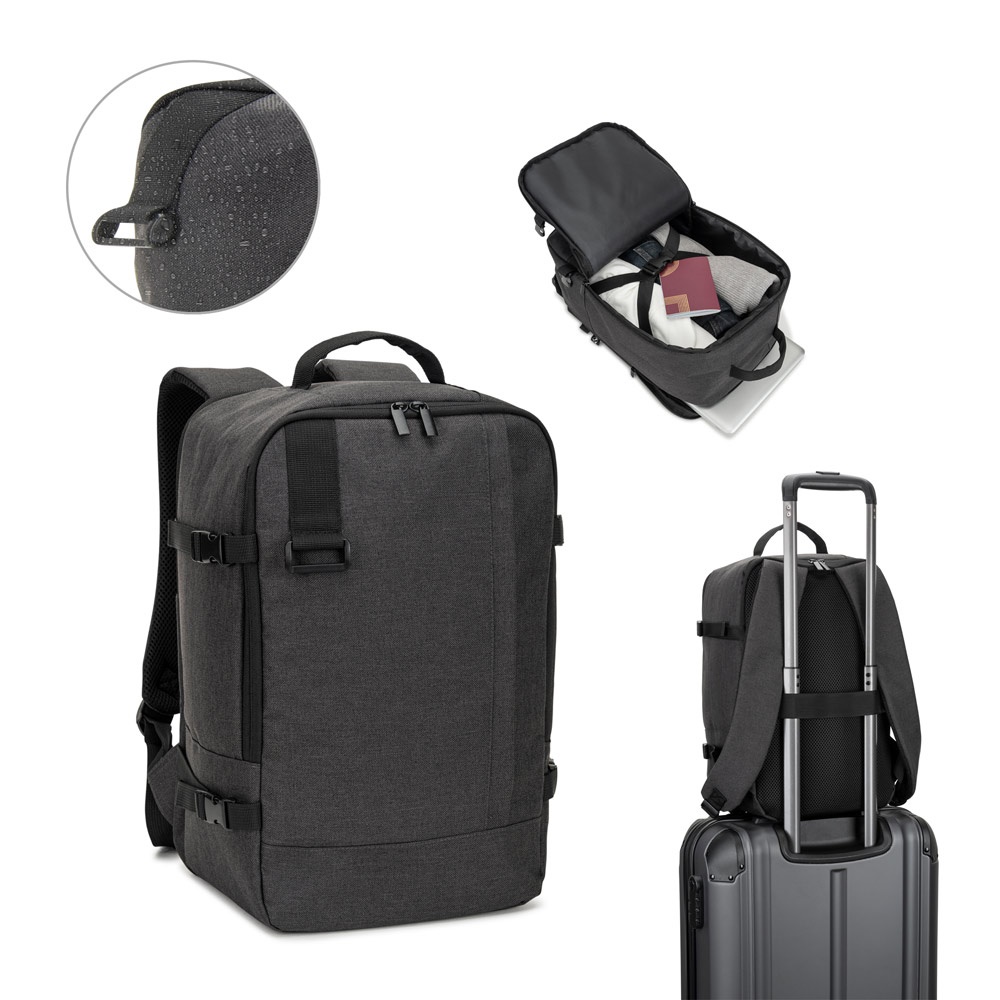 CIES. Rucksack aus hochdichtem, recyceltem 600D-Polyester. Entwickelt, um die Größenanforderungen der Fluggesellschaften zu erfüllen.