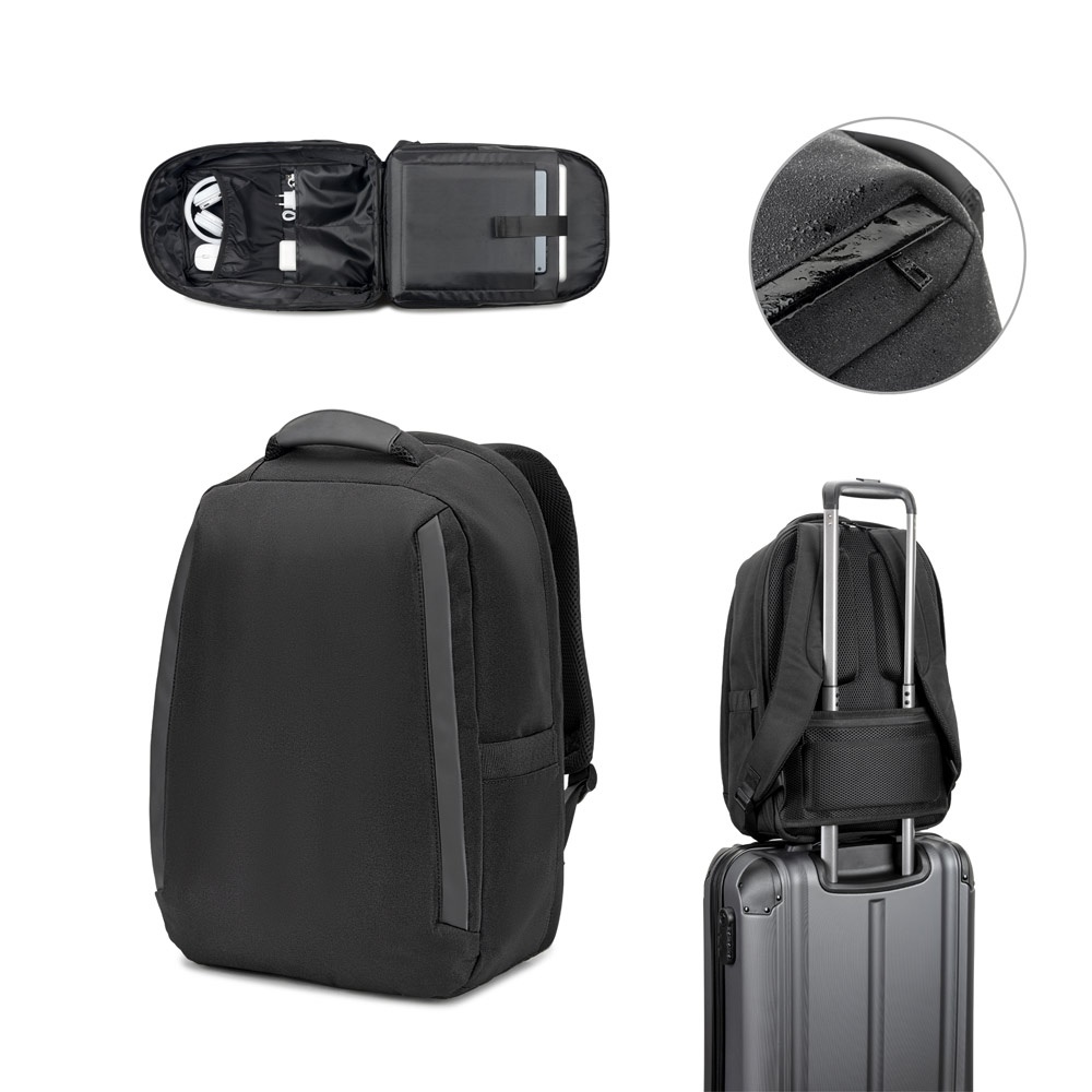 YANGON BPACK. Diebstahlsicherer Rucksack aus hochdichtem 600D-Recyclingpolyester mit wasserabweisender Beschichtung, für einen 17,3-Zoll-Laptop.