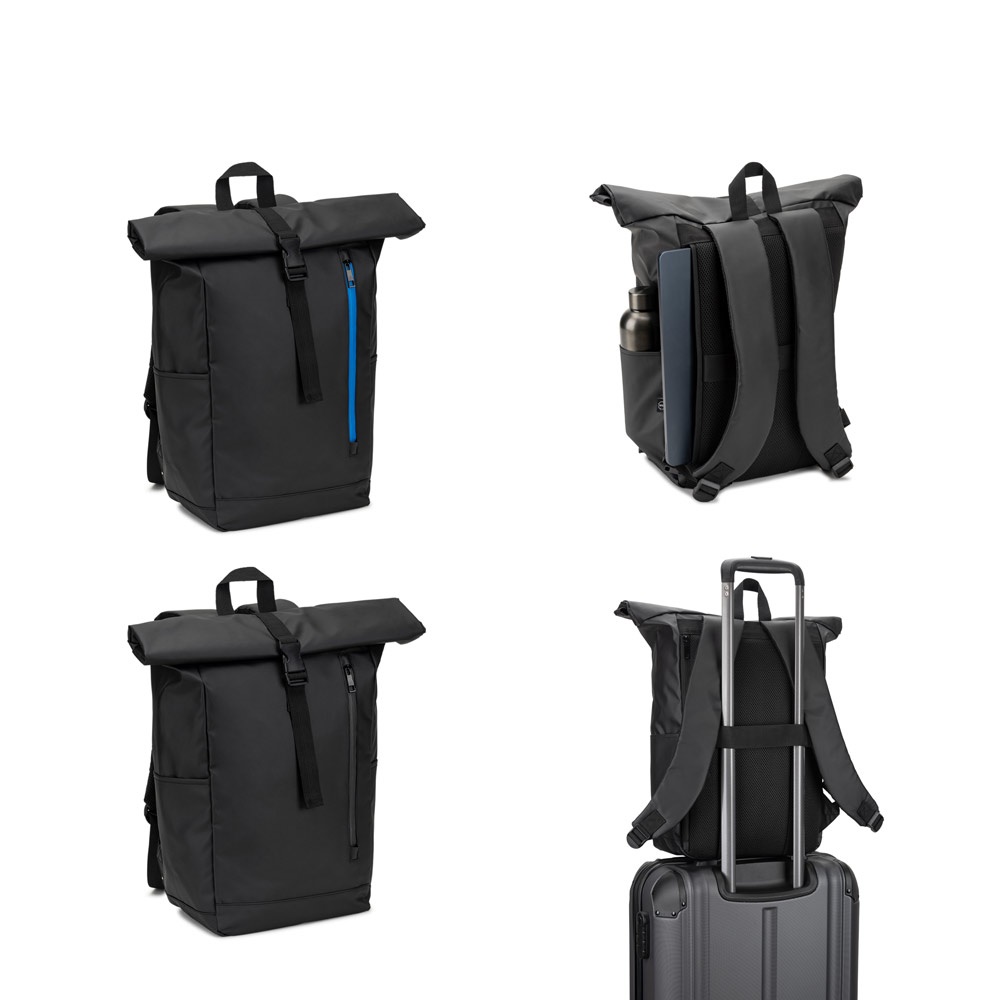 OSASCO BPACK. Rucksack mit Rollverschluss und Reißverschlusssystem, das es ermöglicht, den oberen Teil aufzurollen, um das Volumen des Rucksacks anzupassen; hergestellt aus recyceltem 600D-Polyester.
