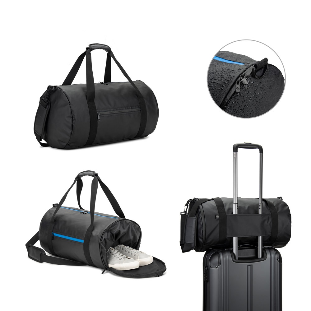 OSASCO SPORT. Zylindrische Sporttasche aus hochdichtem 600D-Recycling-Polyester mit seitlichem Schuhfach.
