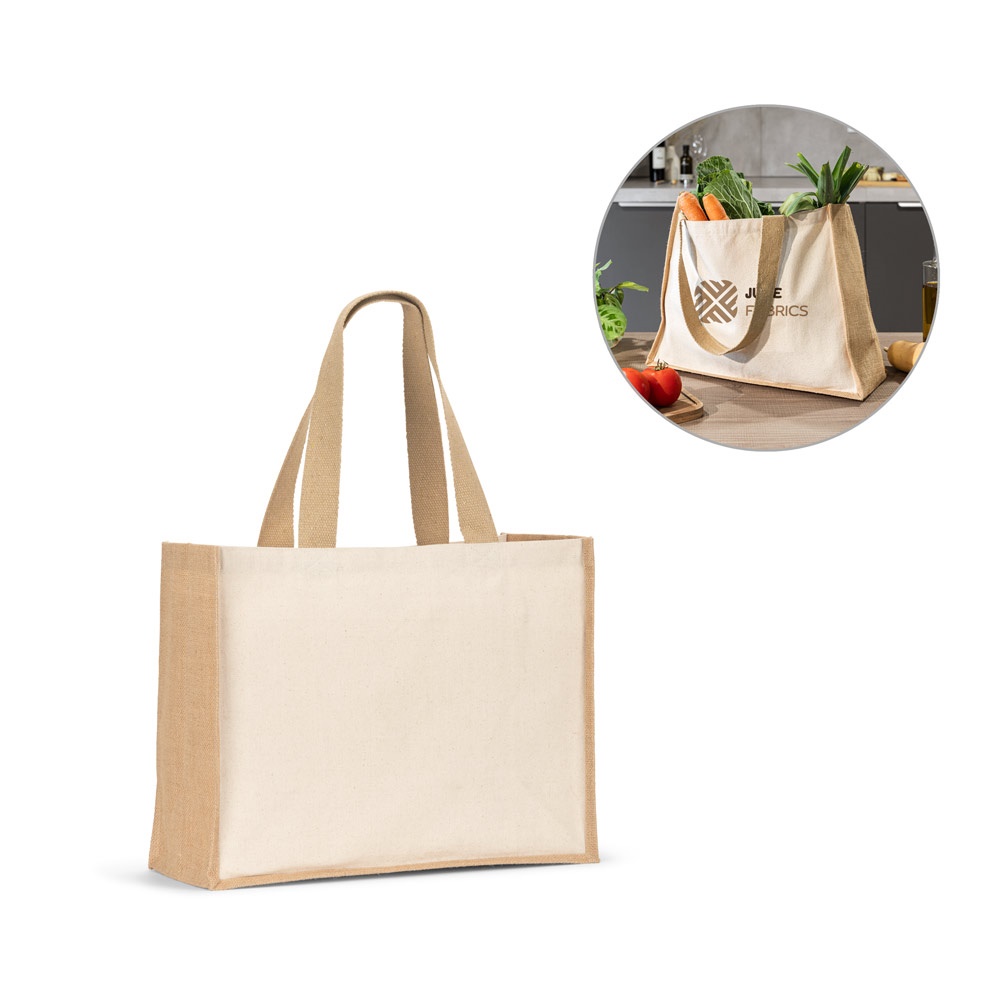 HELSINQUE. Canvas-Tasche (320 g/m²), mit laminiertem Juteboden und -seiten (350 g/m²) in Naturtönen.