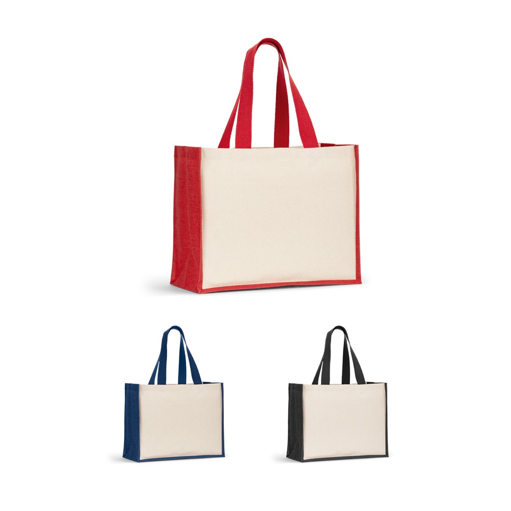 HELSINQUE COLOUR. Canvas-Tasche (320 g/m²), mit farbig laminiertem Juteboden und -seiten (350 g/m²).