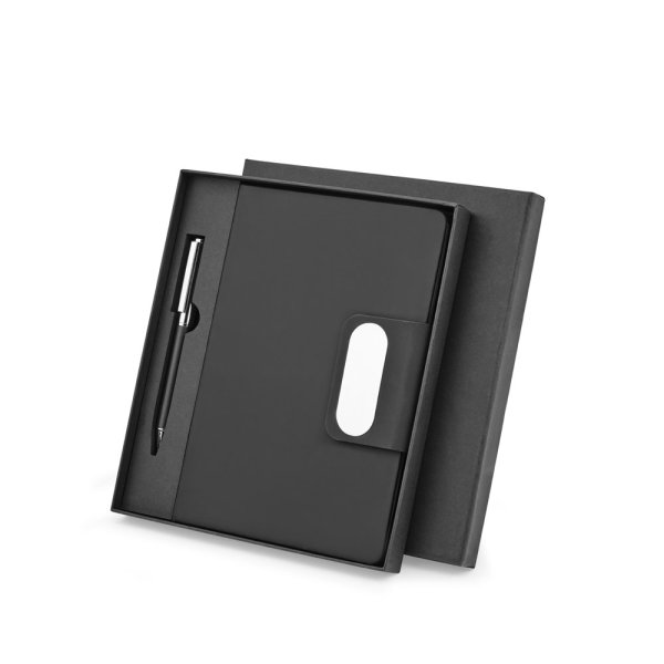GARRETT. Set bestehend aus 1 Kugelschreiber und 1 Notizblock, aus PU und Edelstahl. - 103 - Schwarz