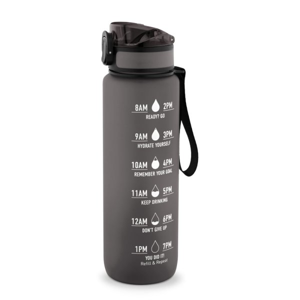 ERIKSSON. Wasserflasche aus recyceltem PET (100 % rPET) mit motivierenden Sprüchen und Zeitmarkierungen zur Förderung des Wassertrinkens. - 103 - Schwarz
