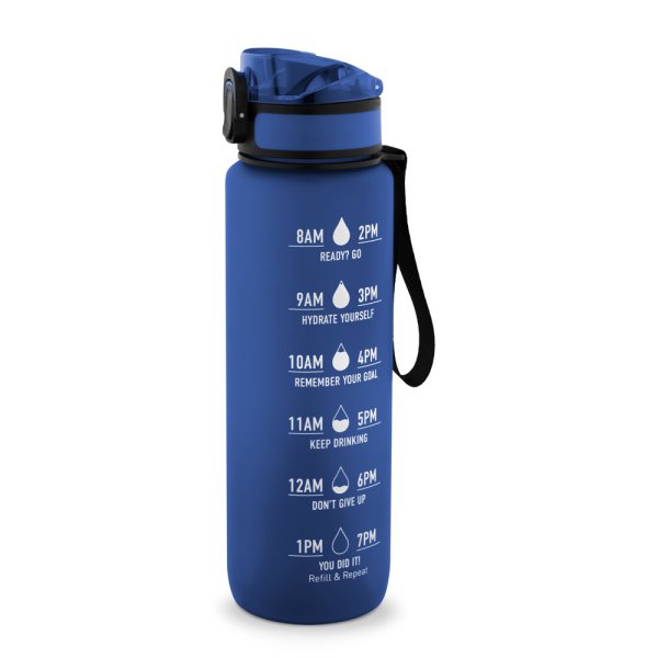 ERIKSSON. Wasserflasche aus recyceltem PET (100 % rPET) mit motivierenden Sprüchen und Zeitmarkierungen zur Förderung des Wassertrinkens. - 104 - Blau
