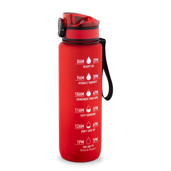 ERIKSSON. Wasserflasche aus recyceltem PET (100 % rPET) mit motivierenden Sprüchen und Zeitmarkierungen zur Förderung des Wassertrinkens. - 105 - Rot