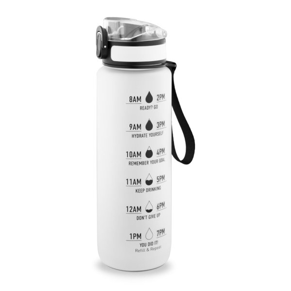 ERIKSSON. Wasserflasche aus recyceltem PET (100 % rPET) mit motivierenden Sprüchen und Zeitmarkierungen zur Förderung des Wassertrinkens. - 106 - Weiß