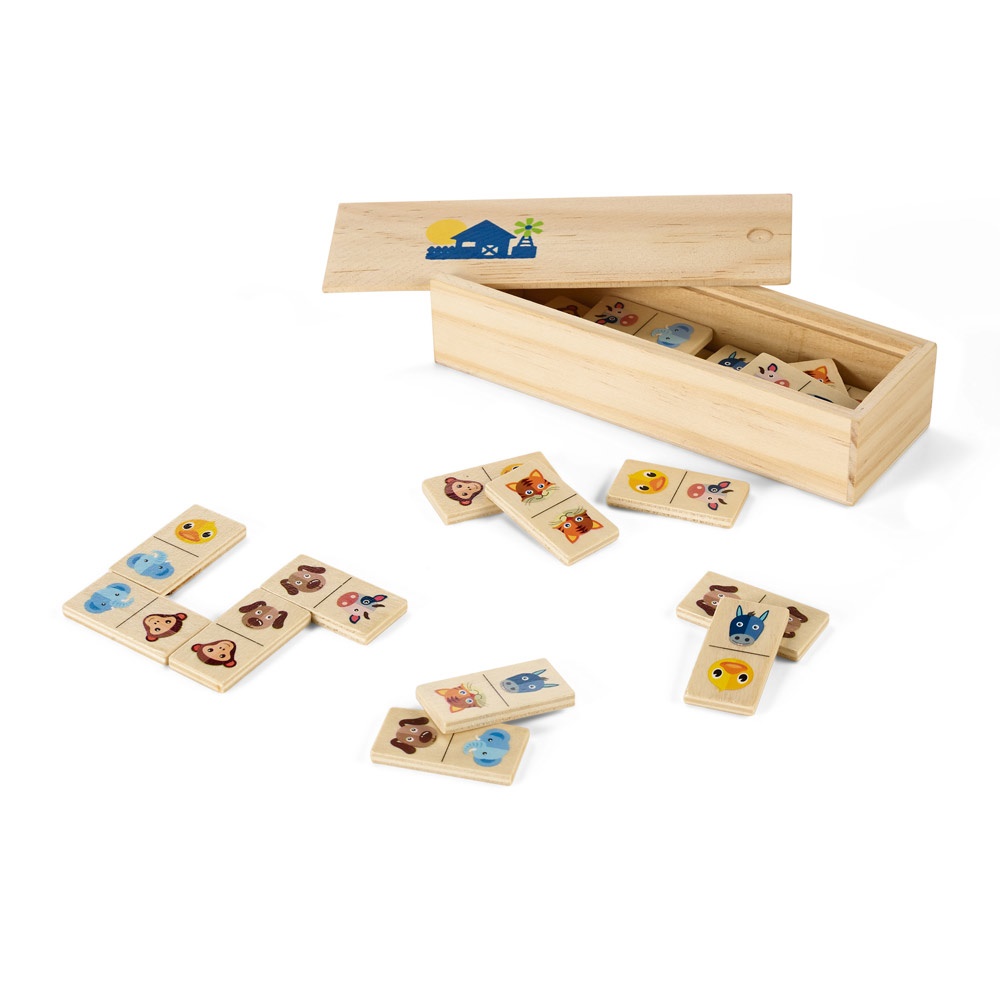 DOMIN. Dominospiel aus Holz für Kinder. 28 Teile mit Tierfiguren.